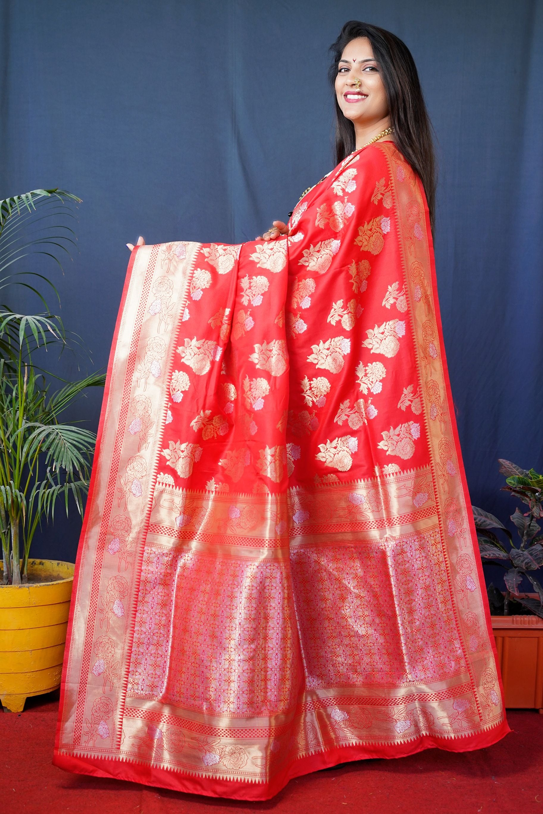 Red Color Designer Banarasi silk saree with Silver and Gold zari weaving and Blouse pis