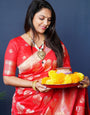Red Color Designer Banarasi silk saree with Silver and Gold zari weaving and Blouse pis