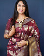 Maroon Color Designer Banarasi silk saree with Silver and Gold zari weaving and Blouse pis