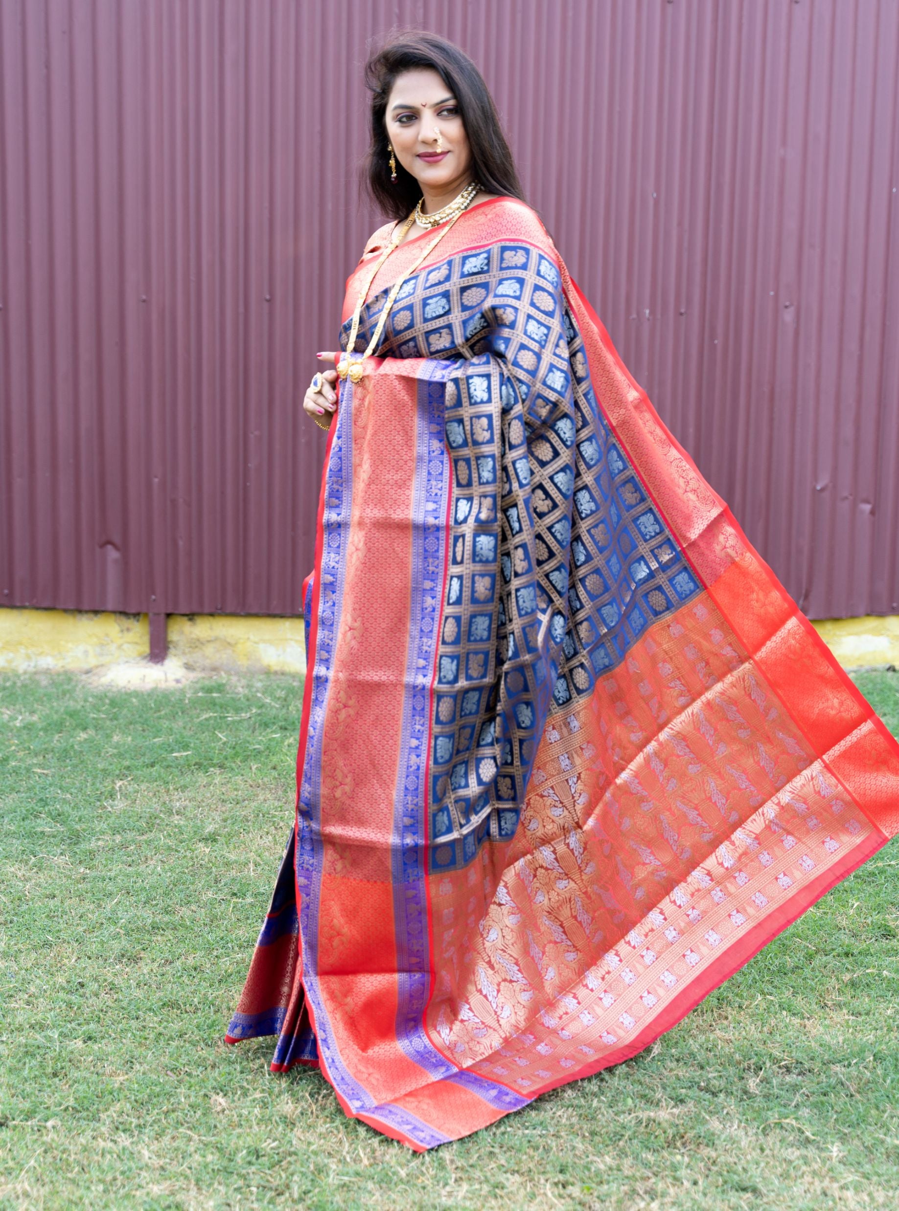 Navy blue Color Beautiful Design Kanchipuram Saree With Silver And Gold Zari Weaving Work and Blouse Pis