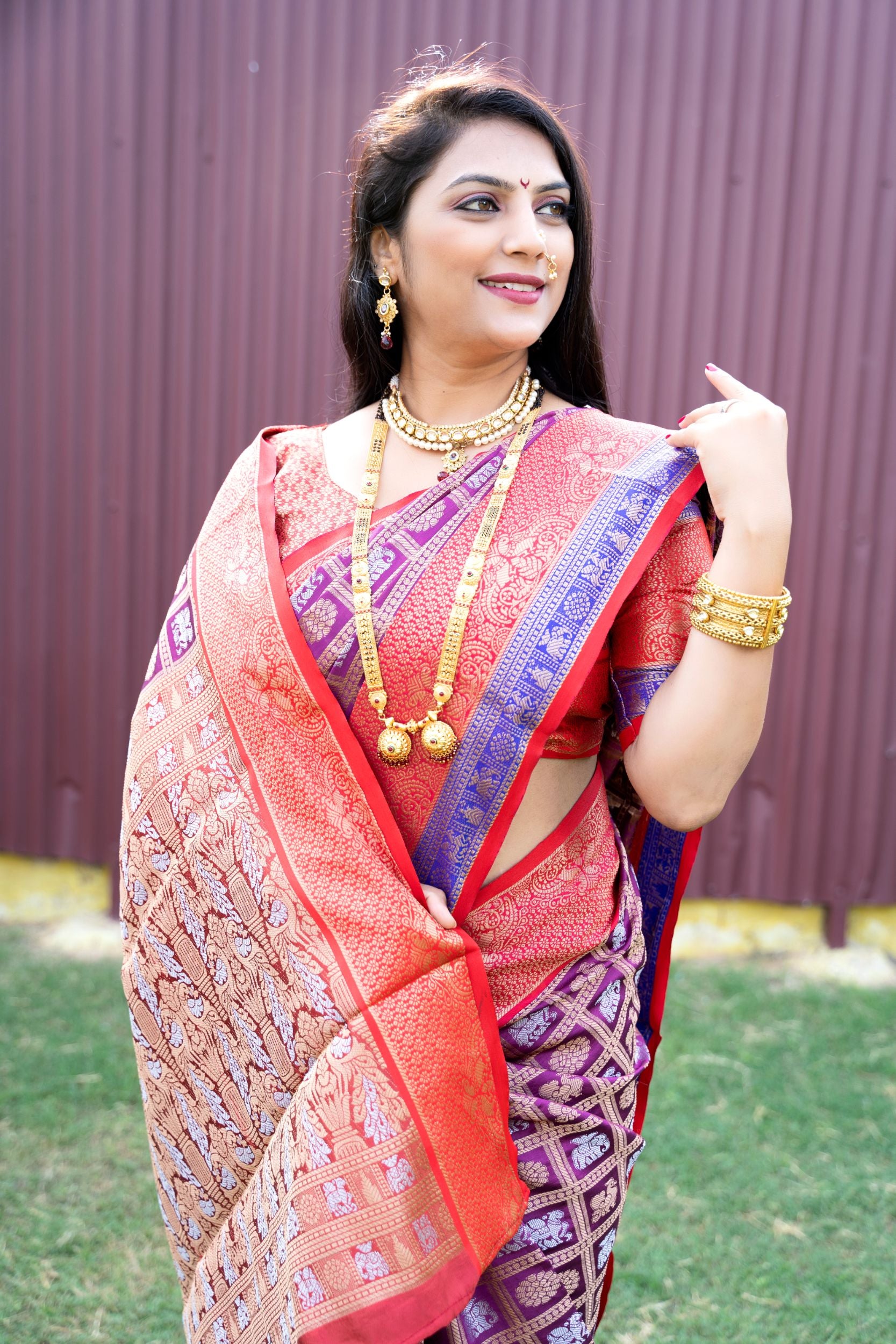 Wine Color Beautiful Design Kanchipuram Saree With Silver And Gold Zari Weaving Work and Blouse Pis