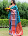 Rama color pattu kanchipuram silk saree looking beautiful