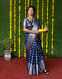 Navy blue color handloom designer kanjivaram silk saree with silver zari weaving work and blouse