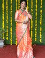 Orange color handloom designer kanjivaram silk saree with silver zari weaving work and blouse