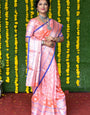 Peach color handloom designer kanjivaram silk saree with silver zari weaving work and blouse