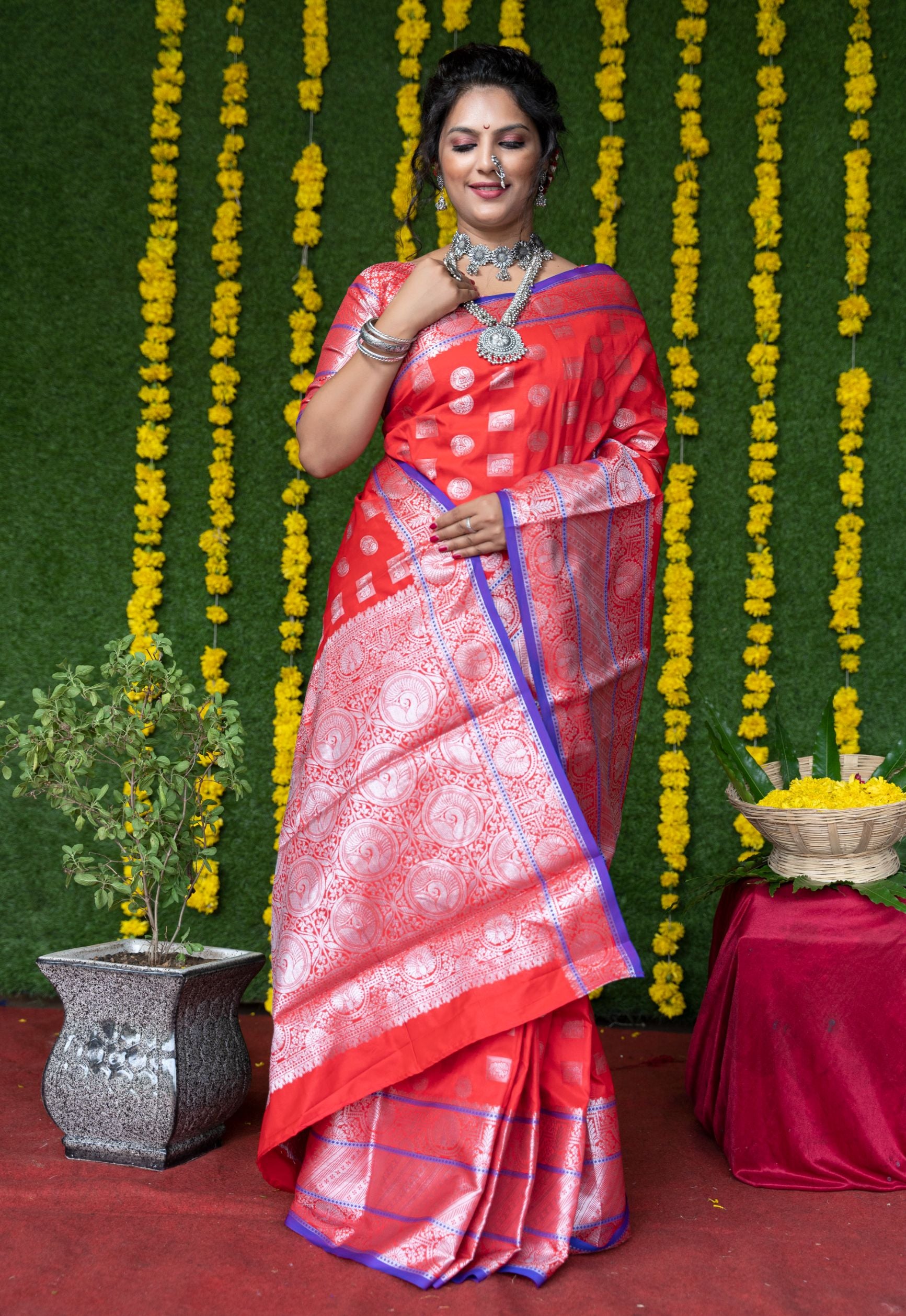 Red color handloom designer kanjivaram silk saree with silver zari weaving work and blouse