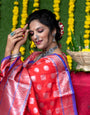 Red color handloom designer kanjivaram silk saree with silver zari weaving work and blouse