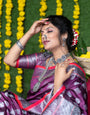 Wine color handloom designer kanjivaram silk saree with silver zari weaving work and blouse