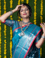 Steel rama color handloom designer kanjivaram silk saree with silver zari weaving work and blouse