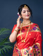 Red color pure paithani silk saree with designer meenakari weaving bodar and Beautiful pallu