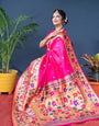 Pink color pure paithani silk saree with designer meenakari weaving bodar and Beautiful pallu