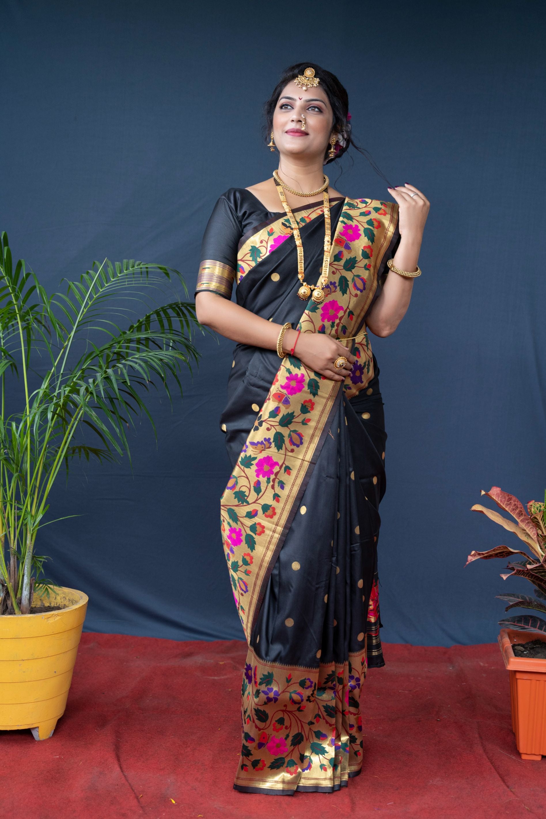 Black color pure paithani silk saree with designer meenakari weaving bodar and Beautiful pallu