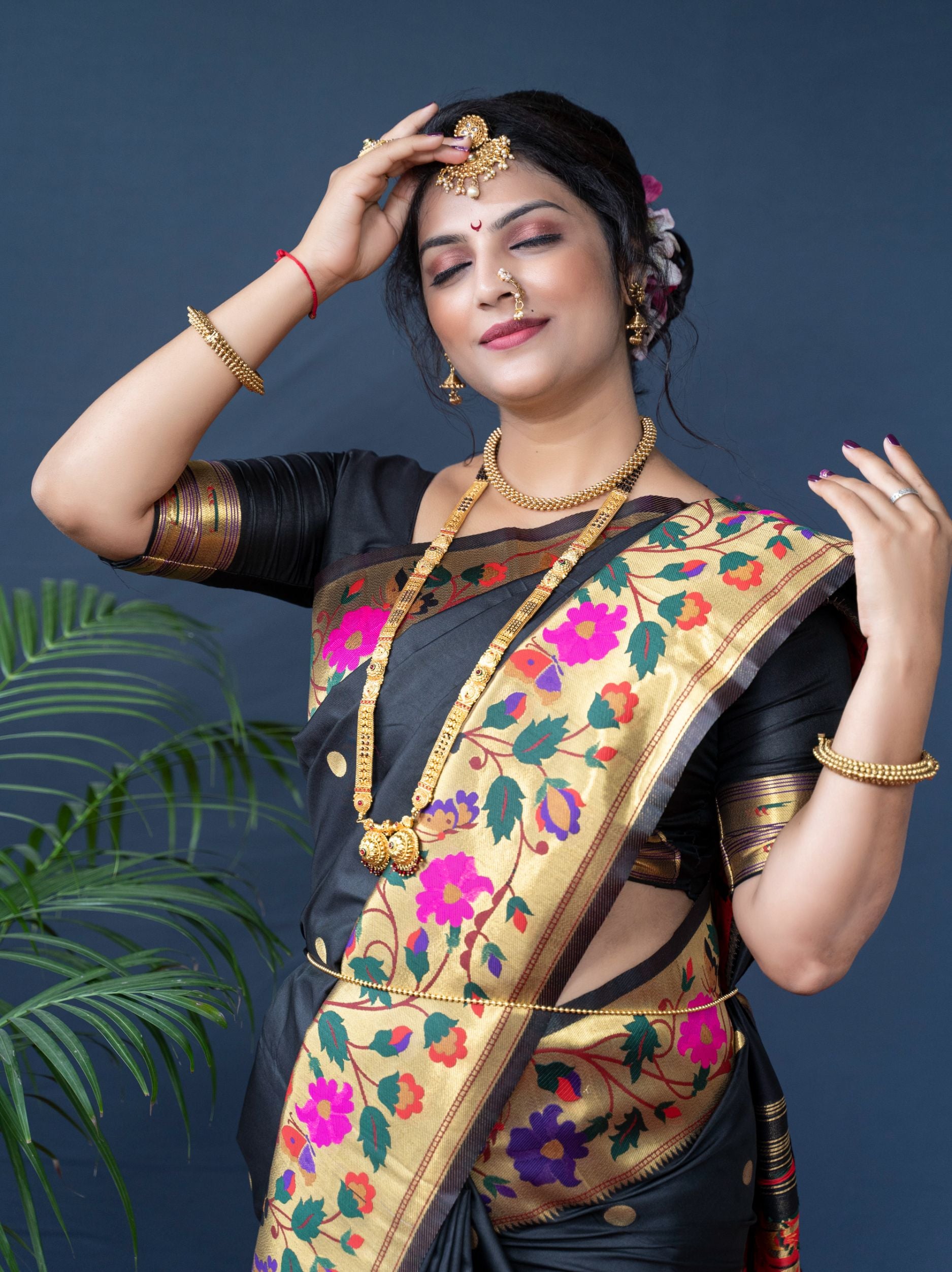 Black color pure paithani silk saree with designer meenakari weaving bodar and Beautiful pallu