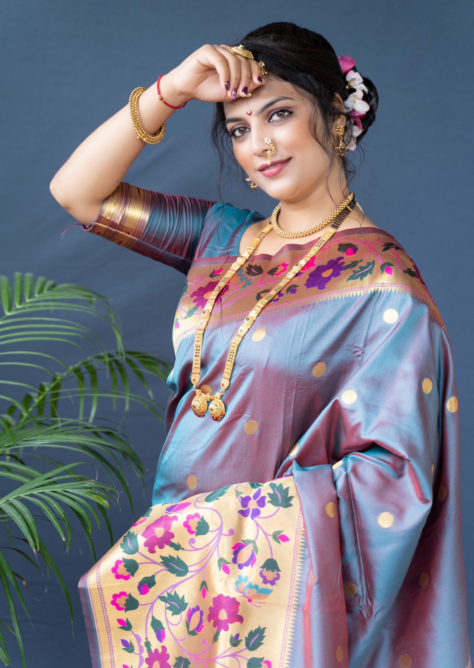 Steel rama color pure paithani silk saree with designer meenakari weaving bodar and Beautiful pallu
