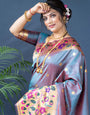 Steel rama color pure paithani silk saree with designer meenakari weaving bodar and Beautiful pallu