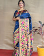 Navy blue color pure paithani silk saree with designer meenakari weaving bodar and Beautiful pallu