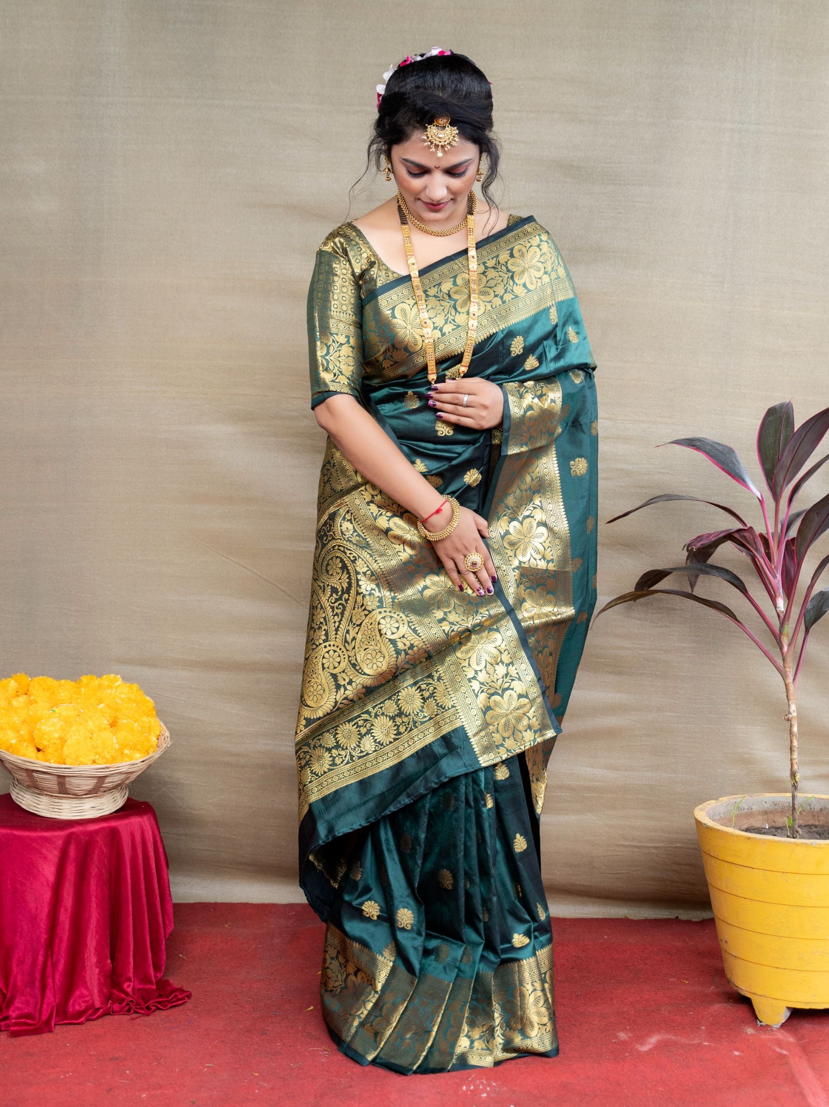 Dark Green Pure Paithani silk Gold Zari Weaving work beautiful saree and blouse