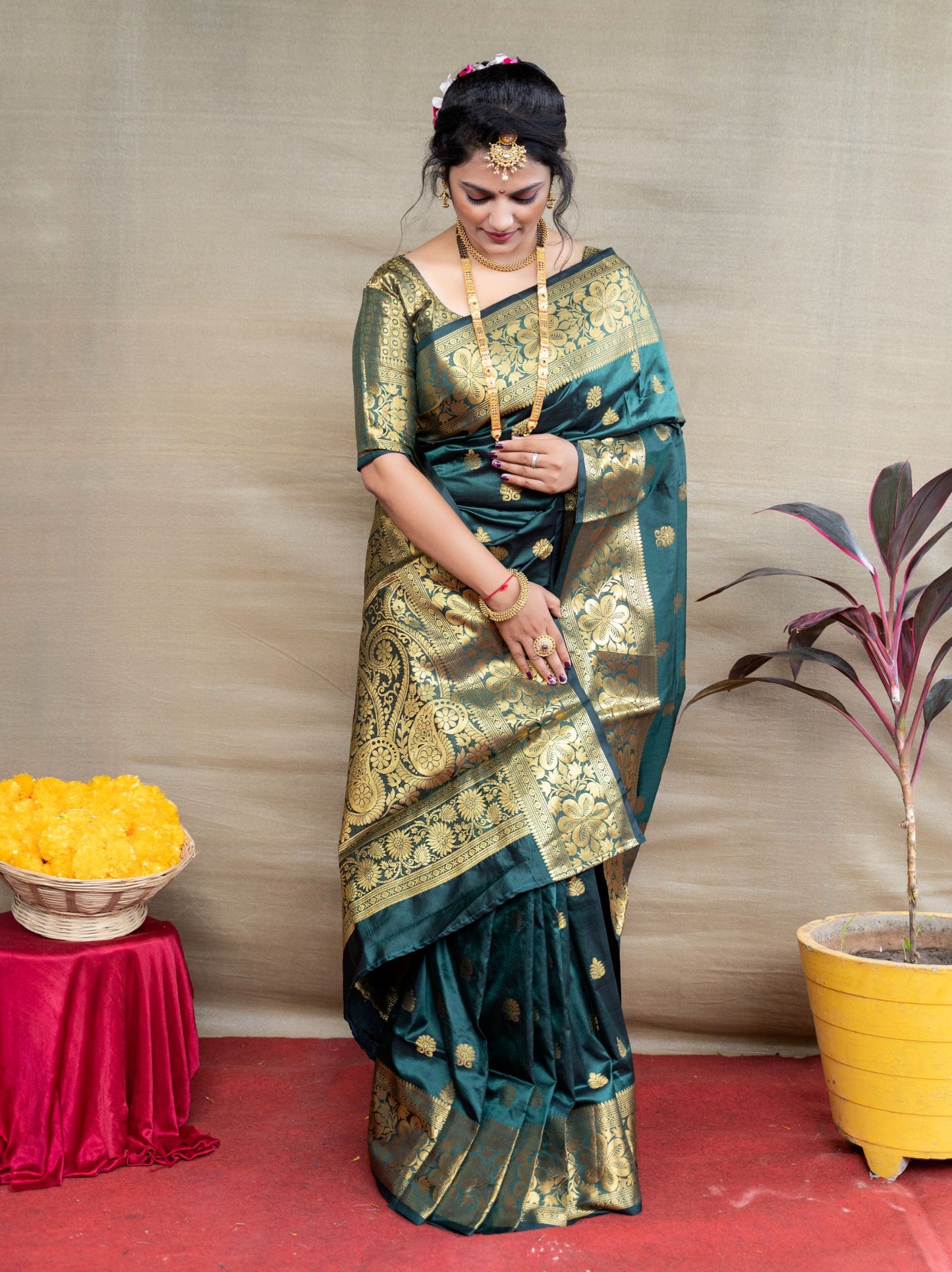 Dark Green Pure Paithani Silk Gold Zari Weaving Work Beautiful Saree And Blouse