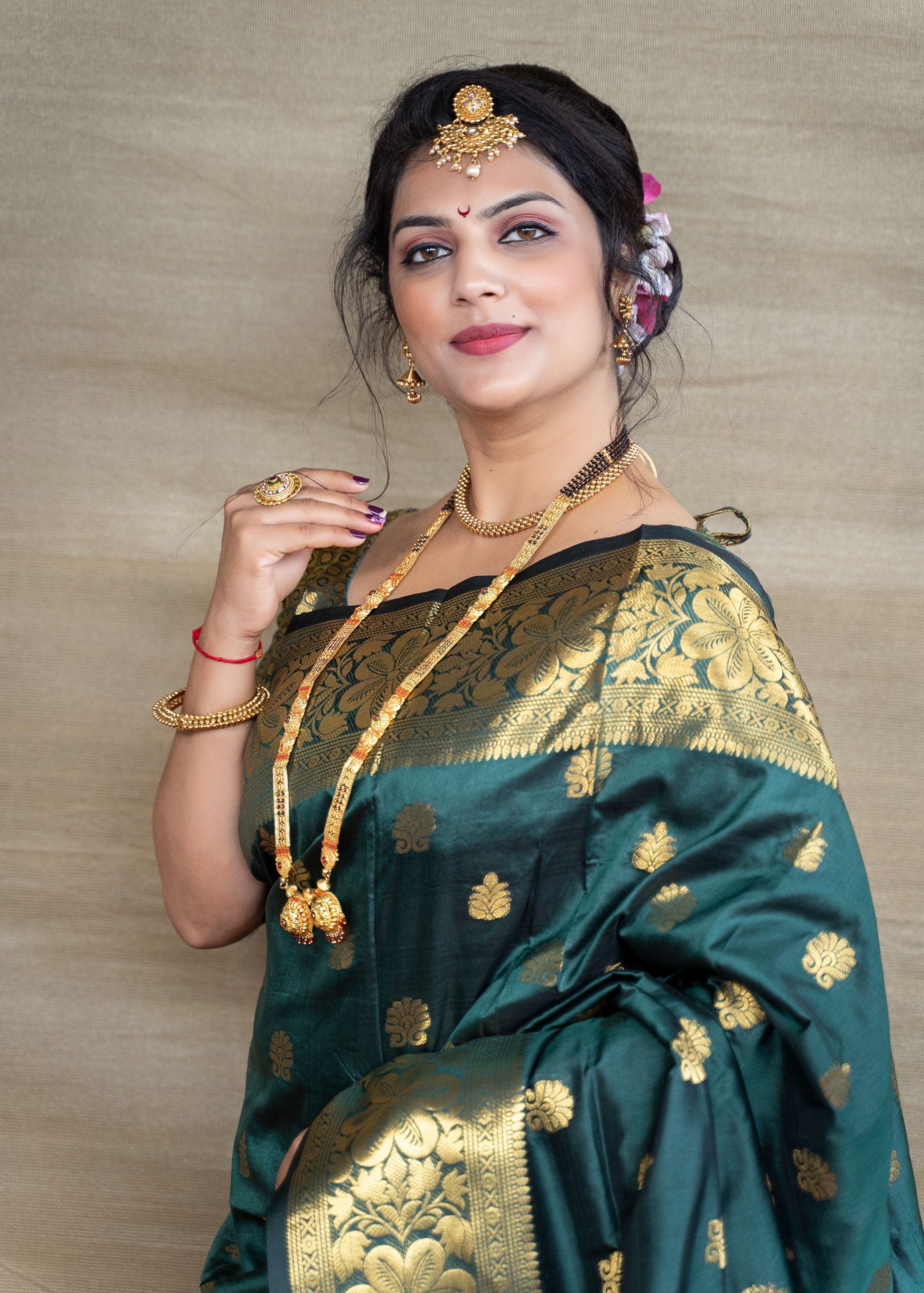 Dark Green Pure Paithani silk Gold Zari Weaving work beautiful saree and blouse