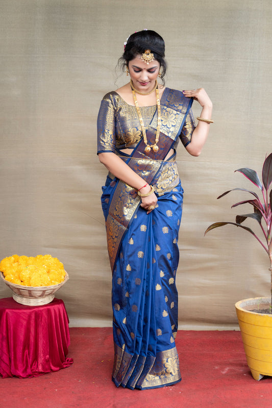 Navy blue Pure Paithani silk Gold Zari Weaving work beautiful saree and blouse