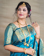 Steel rama Pure Paithani silk Gold Zari Weaving work beautiful saree and blouse
