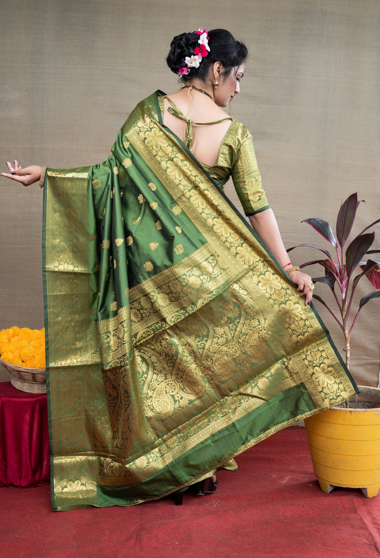 Pure Paithani Silk Gold Zari Weaving Work Beautiful Saree And Blouse