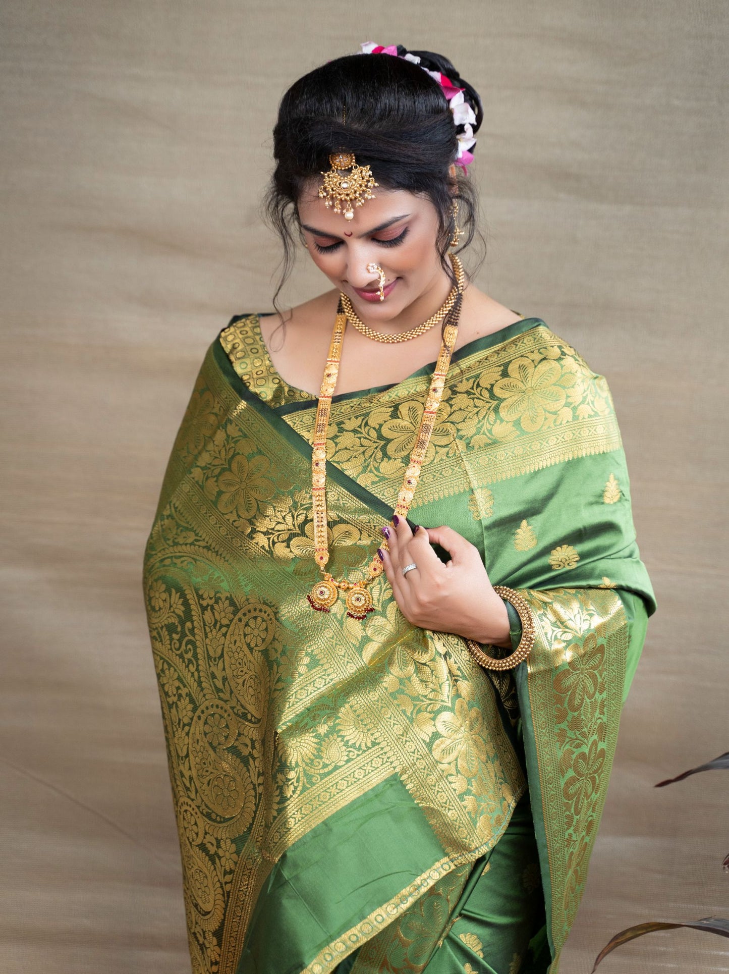 Pure Paithani Silk Gold Zari Weaving Work Beautiful Saree And Blouse