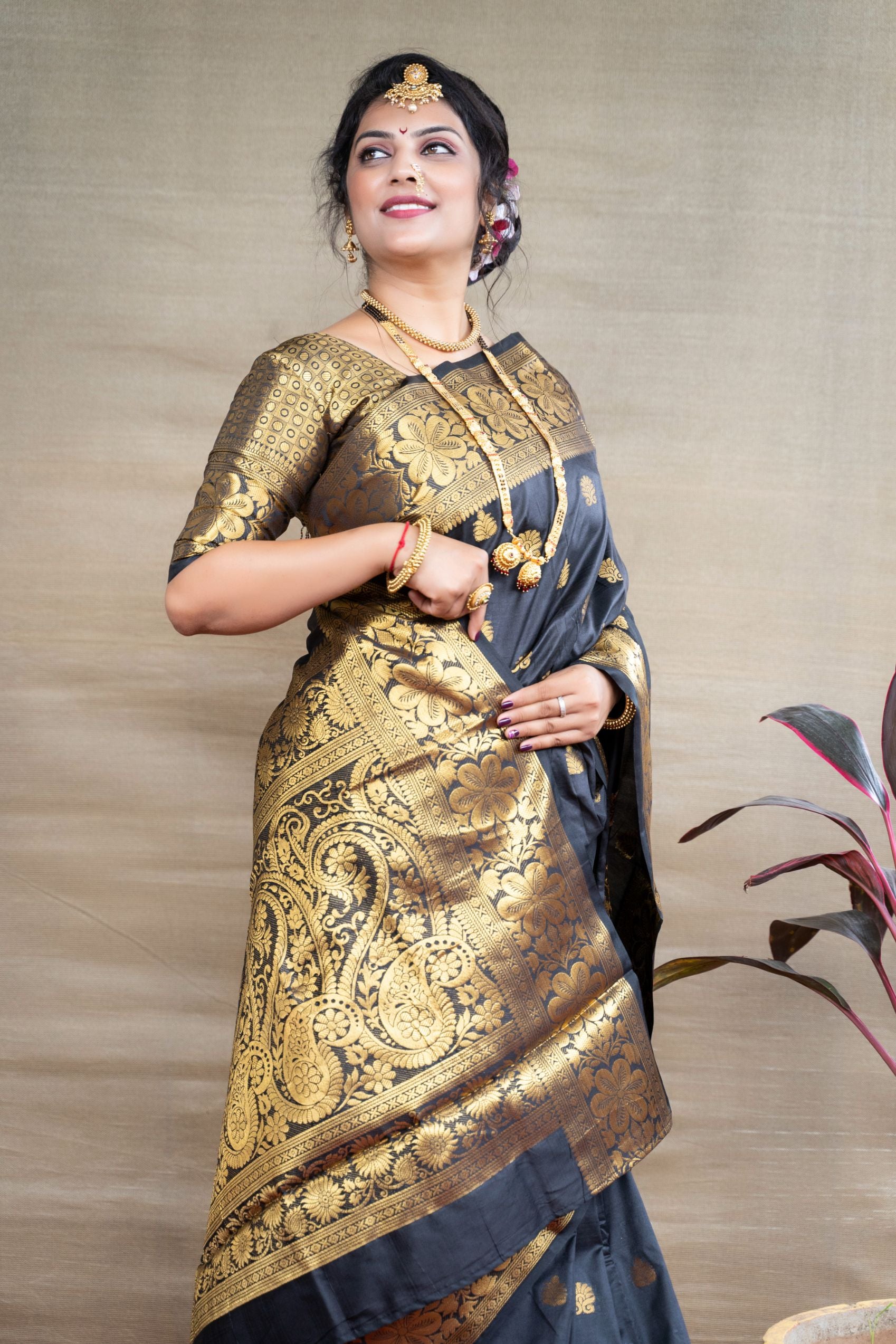 Black Pure Paithani silk Gold Zari Weaving work beautiful saree and blouse
