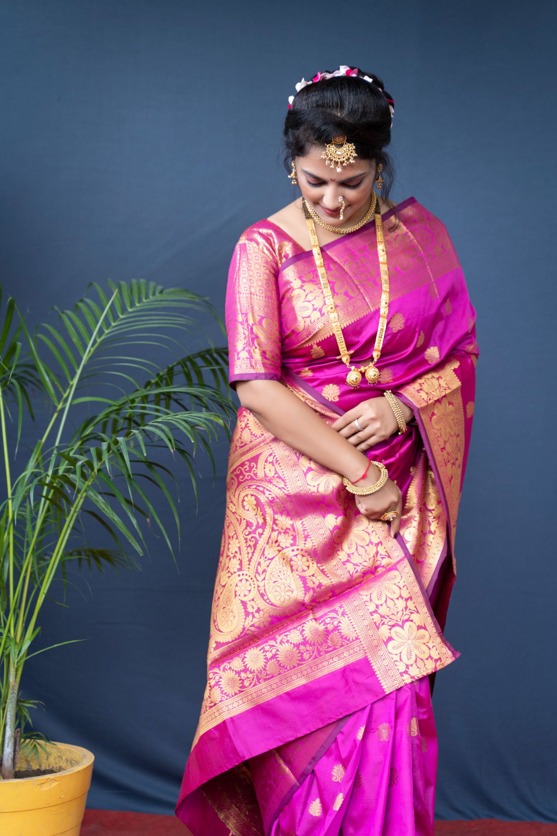 Pink Pure Paithani silk Gold Zari Weaving work beautiful saree and blouse