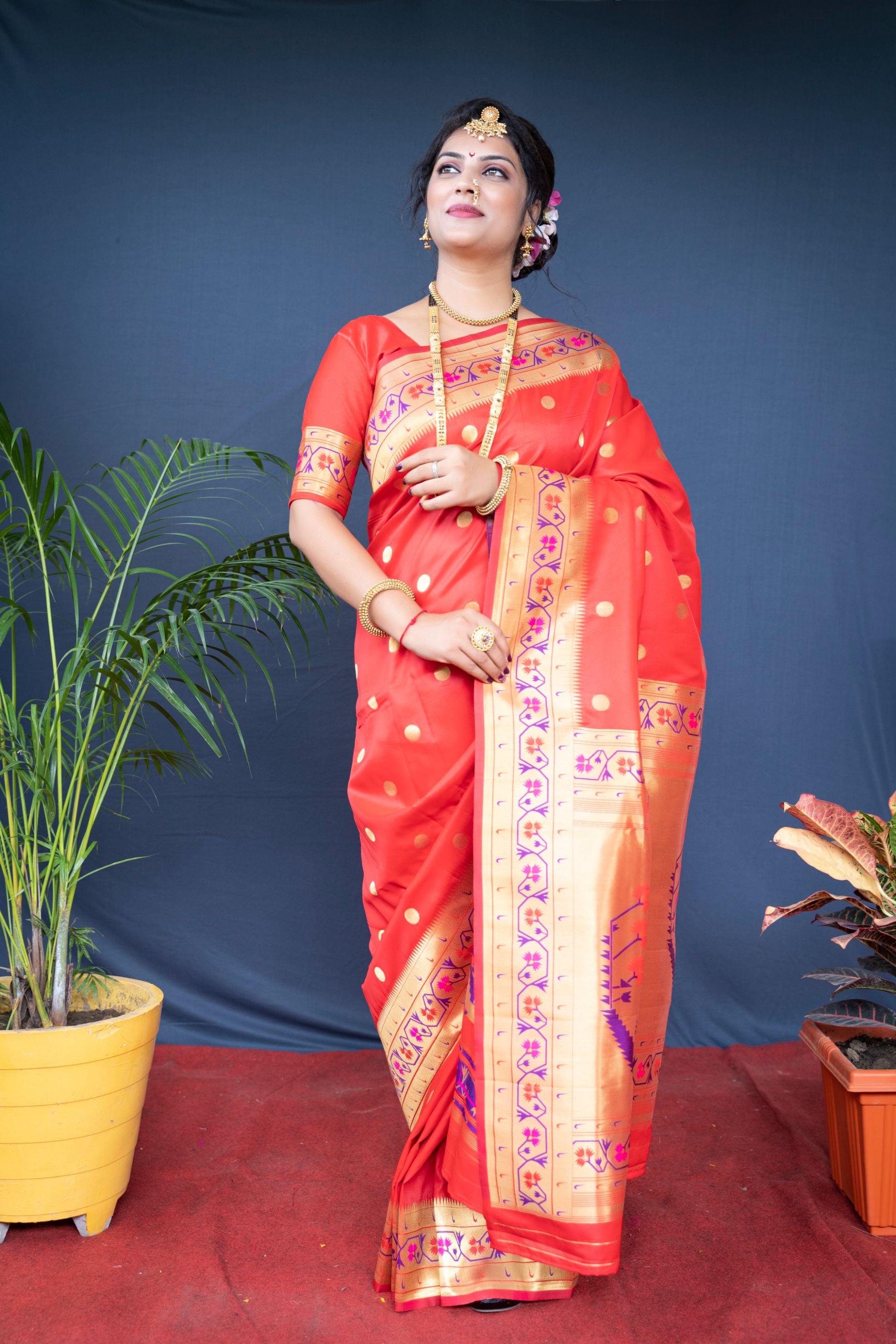 Red Color Pure Paithani Silk Saree With Glod Zari Weaving Designer Bodar and Pallu