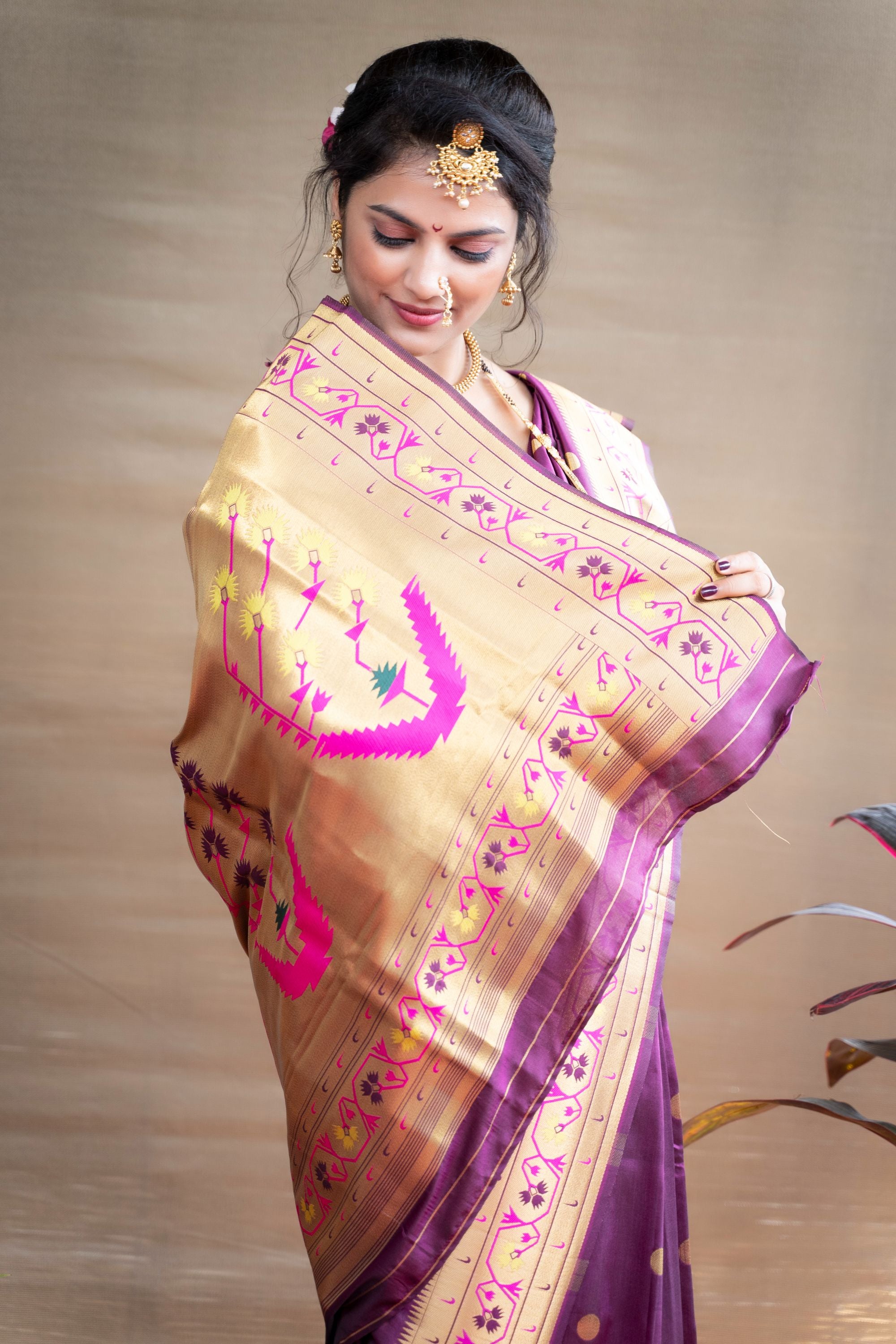 Purpal Color Pure Paithani Silk Saree With Glod Zari Weaving Designer Bodar and Pallu