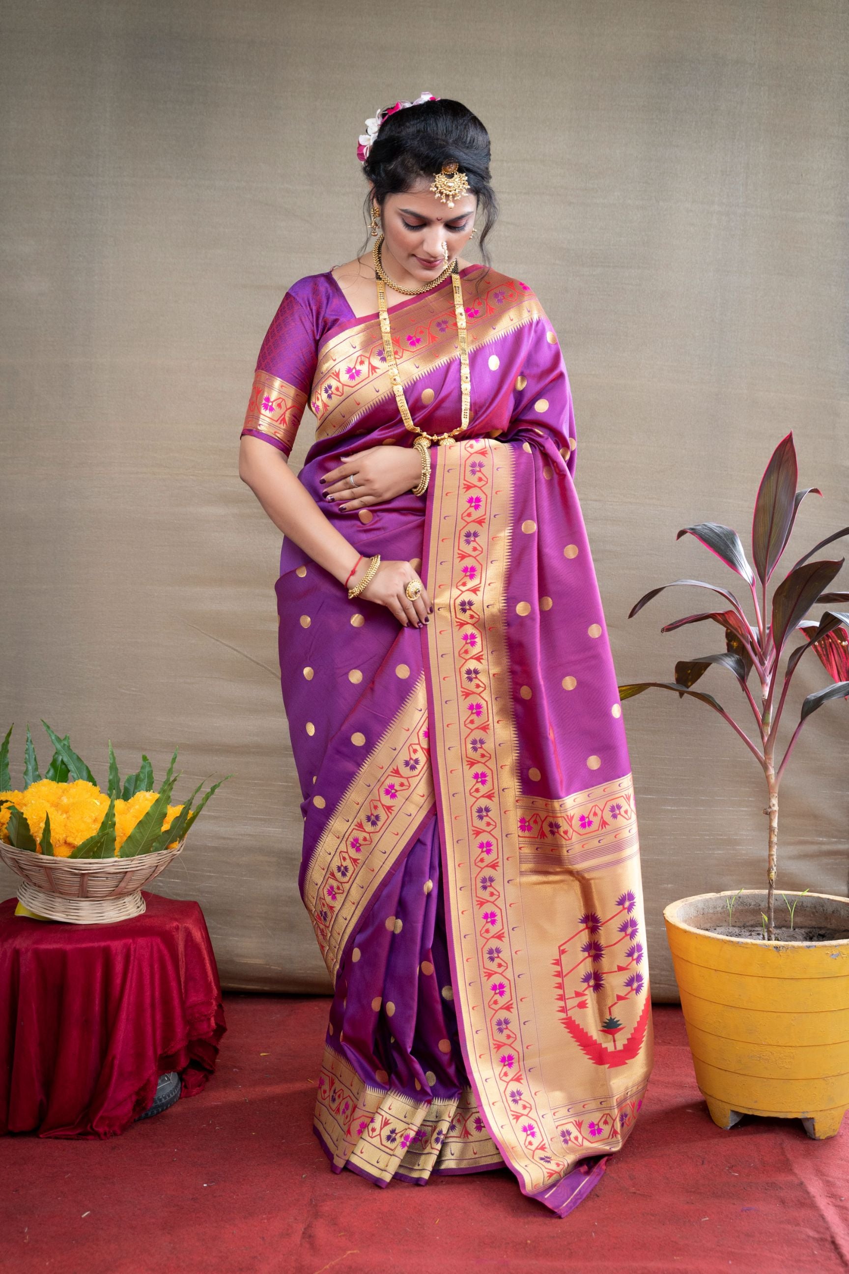 Purpal Color Pure Paithani Silk Saree With Glod Zari Weaving Designer Bodar and Pallu