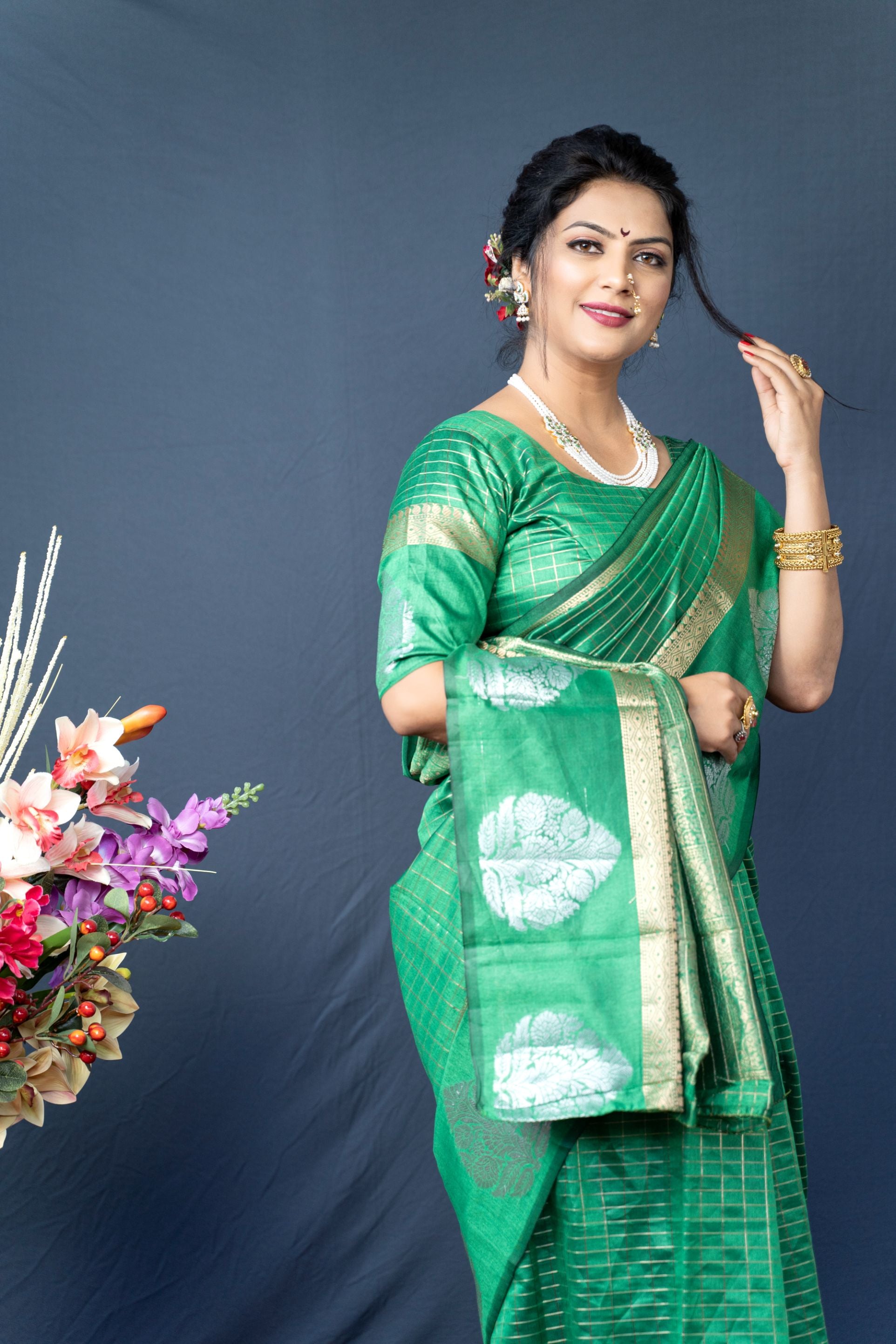 Green Color Ethnic Motifs Linen Blend Saree