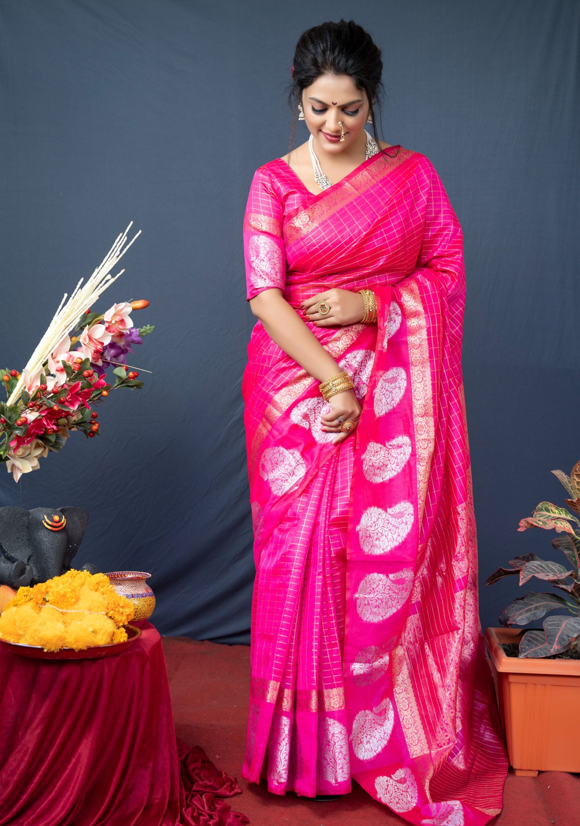 Pink color kanchipuram lilen silk saree silver and gold weaving work and blouse