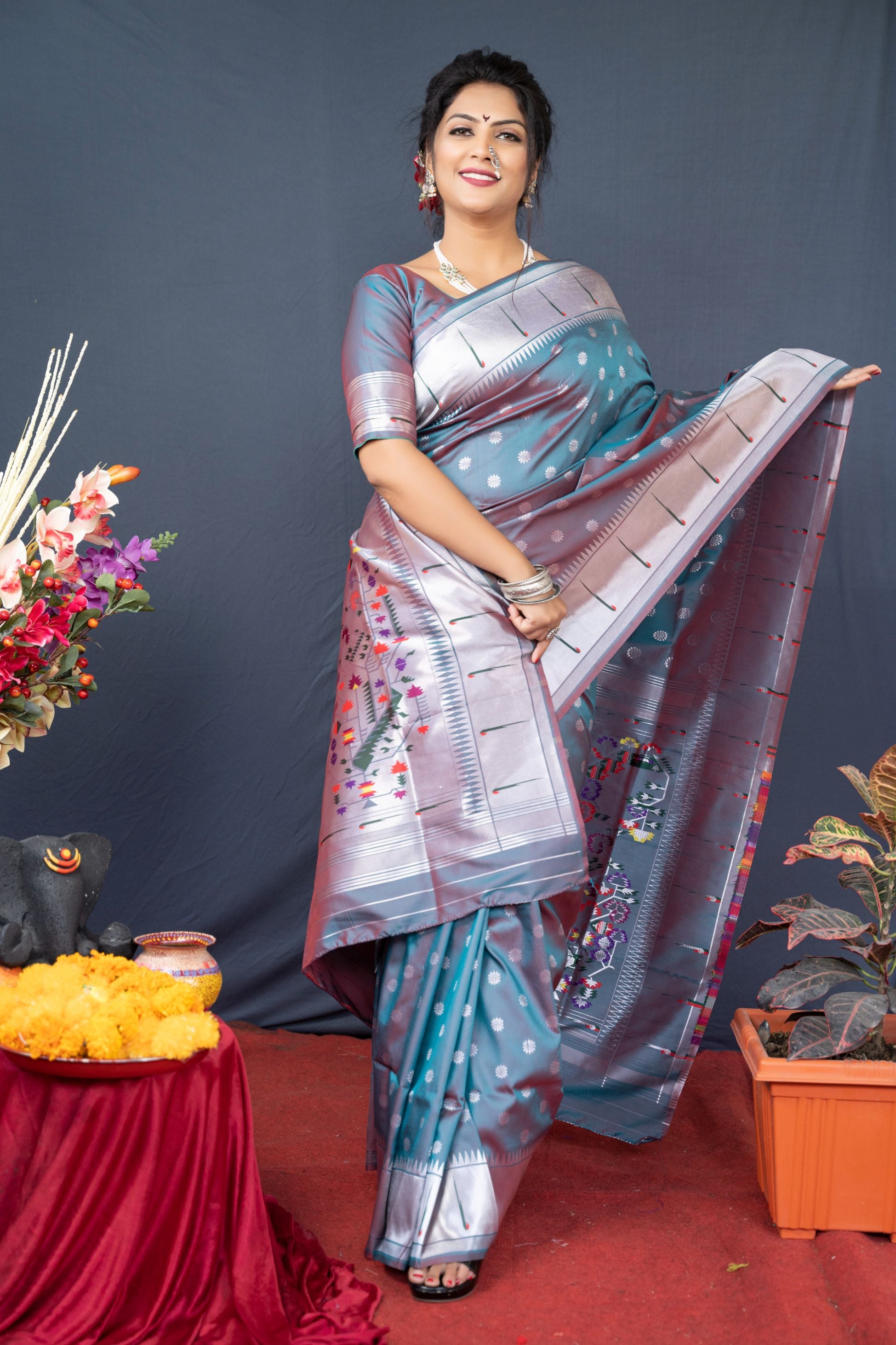 Steel rama color pure paithani silk saree with Muniya boder and silver zari weaving work saree