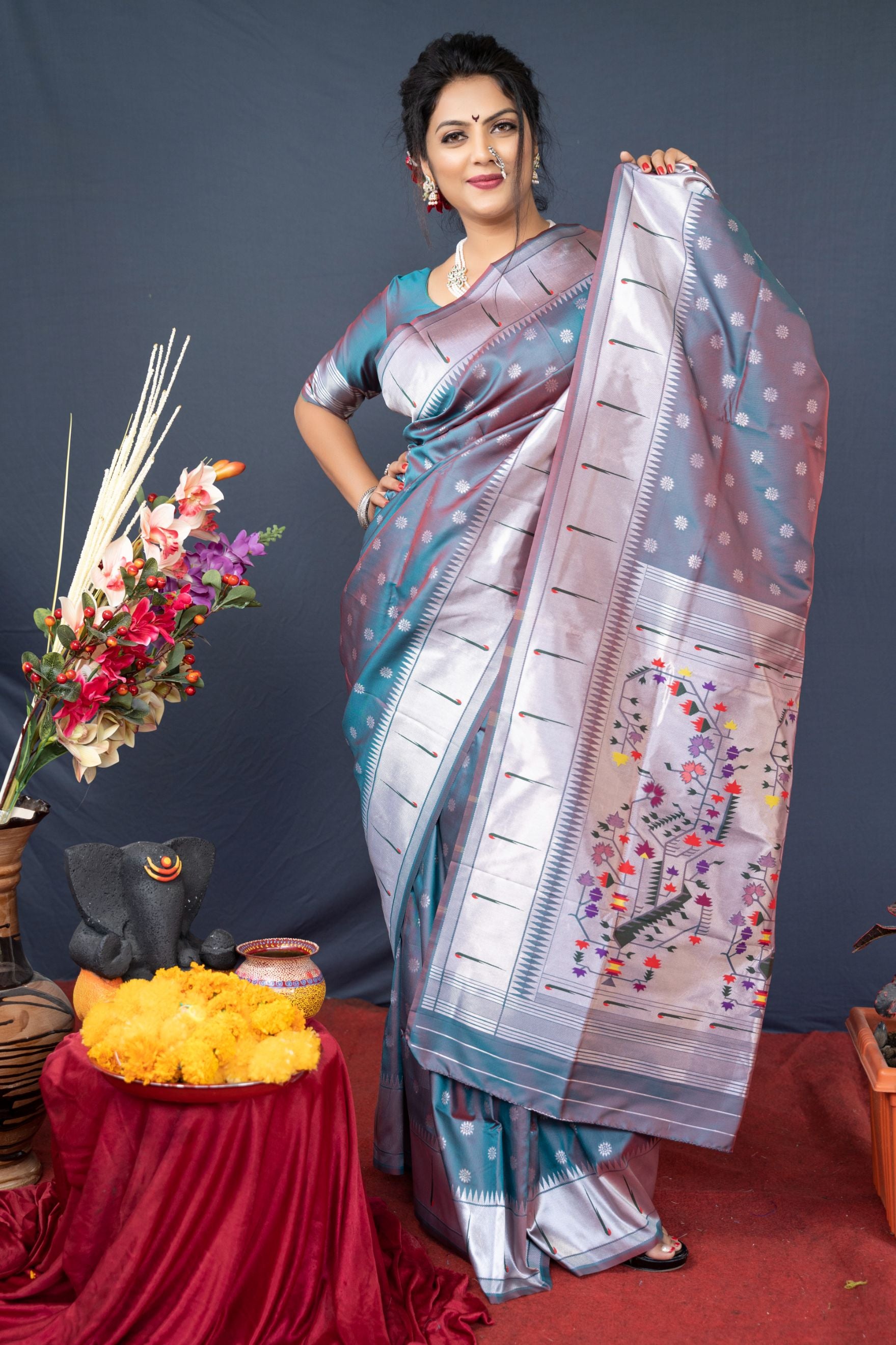 Steel rama color pure paithani silk saree with Muniya boder and silver zari weaving work saree