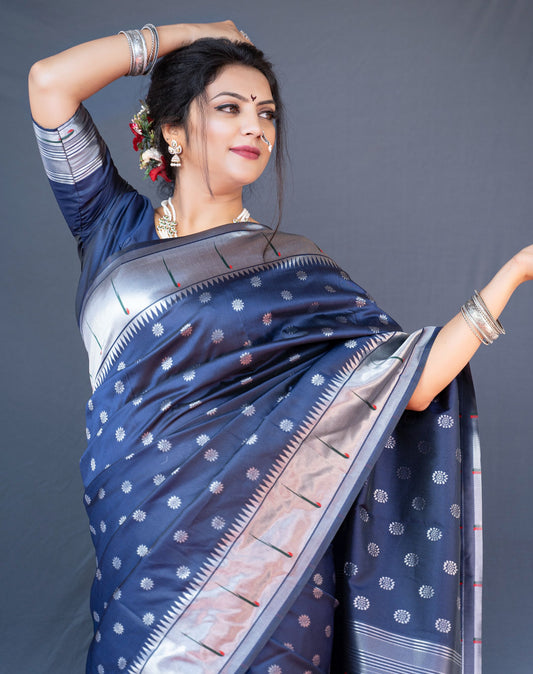 Navy Blue Color Pure Paithani Silk Saree With Muniya Boder And Silver Zari Weaving Work Saree