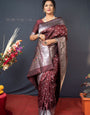 Maroon color pure paithani silk saree with Muniya boder and silver zari weaving work saree