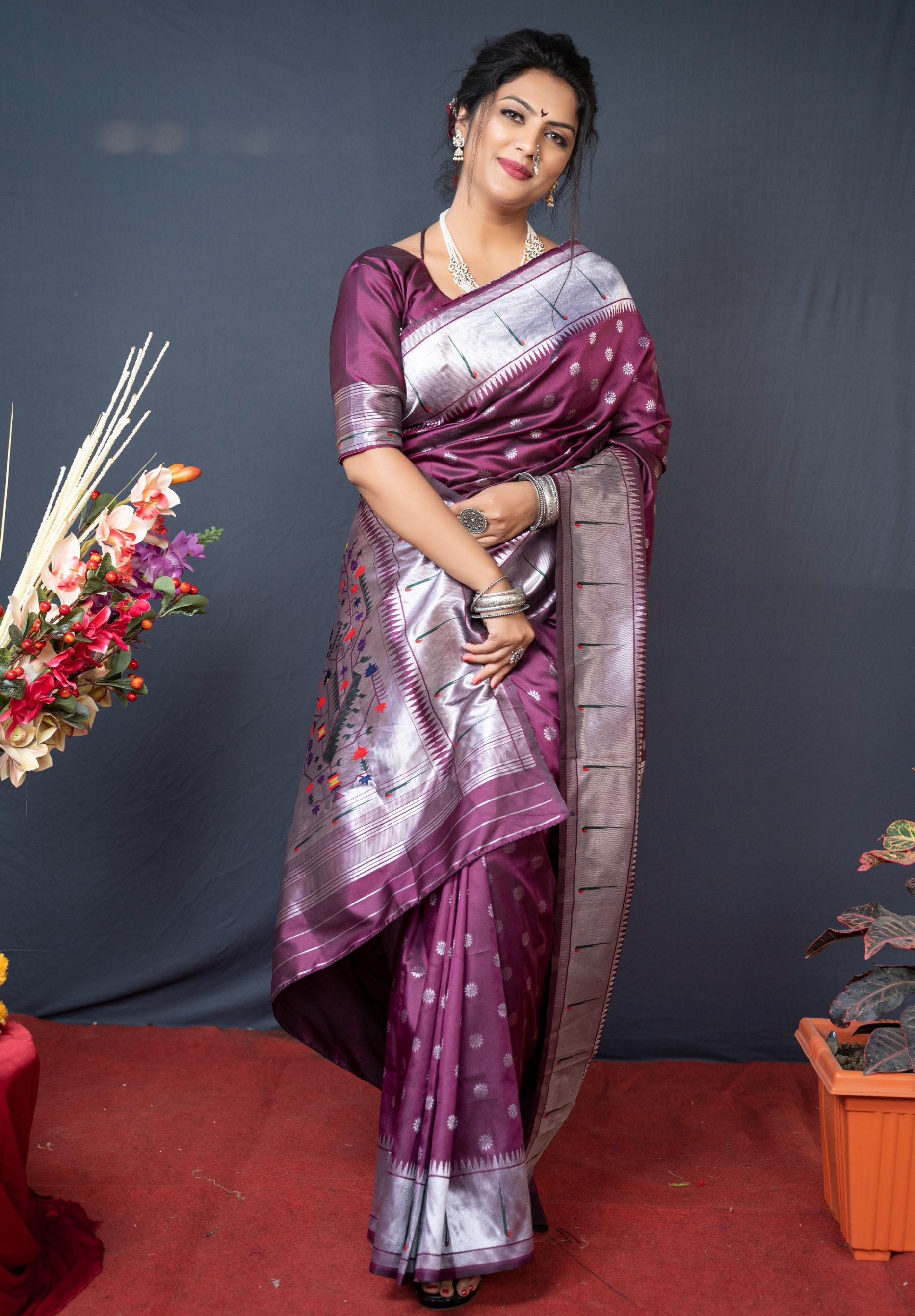 Luminous Dark Purple Banarasi Linen Saree with Silver Zari Border -  Loomfolks