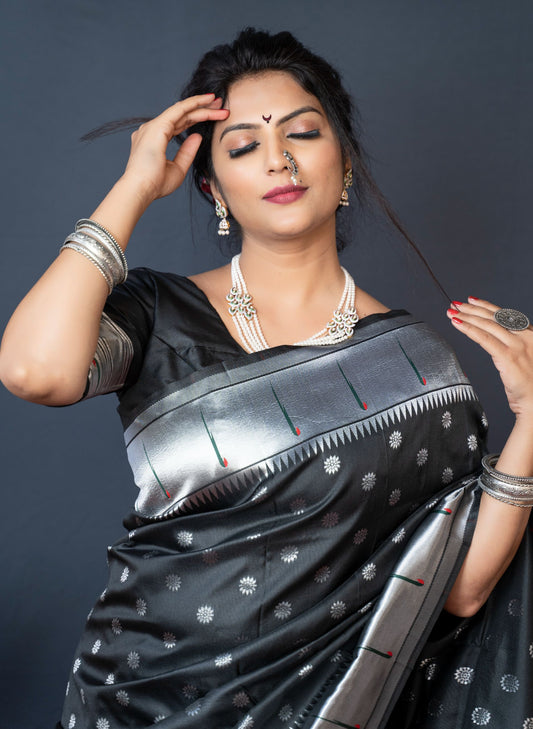 Black Color Pure Paithani Silk Saree With Muniya Boder And Silver Zari Weaving Work Saree