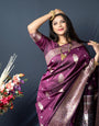 wine color banarasi silk saree with designer silver and gold weaving work and blouse pis