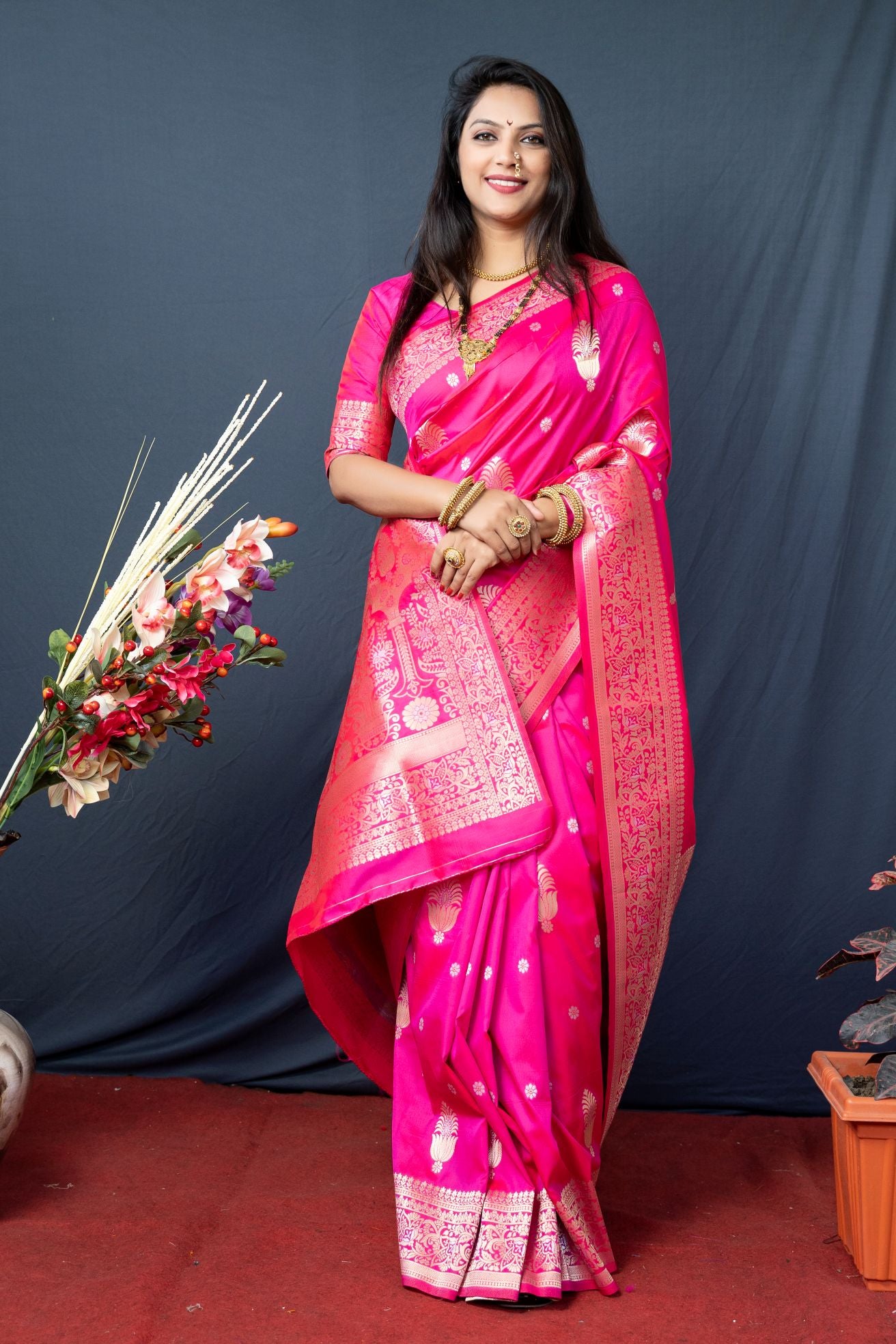 Pink color banarasi silk saree with designer silver and gold weaving work and blouse pis