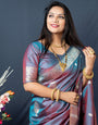 Steel rama color banarasi silk saree with designer silver and gold weaving work and blouse pis