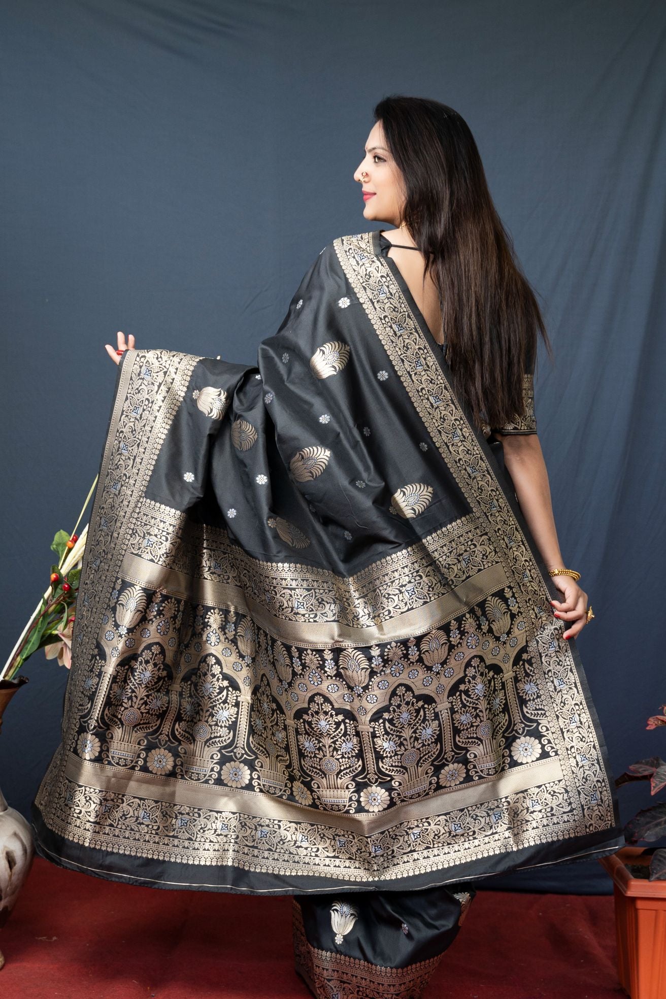 Black color banarasi silk saree with designer silver and gold weaving work and blouse pis