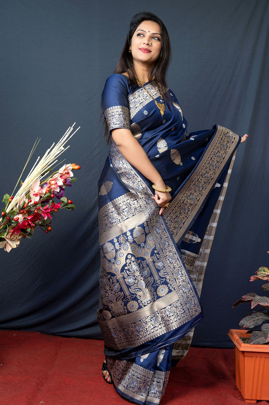 Navy Blue Color Banarasi Silk Saree With Designer Silver And Gold Weaving Work And Blouse Pis