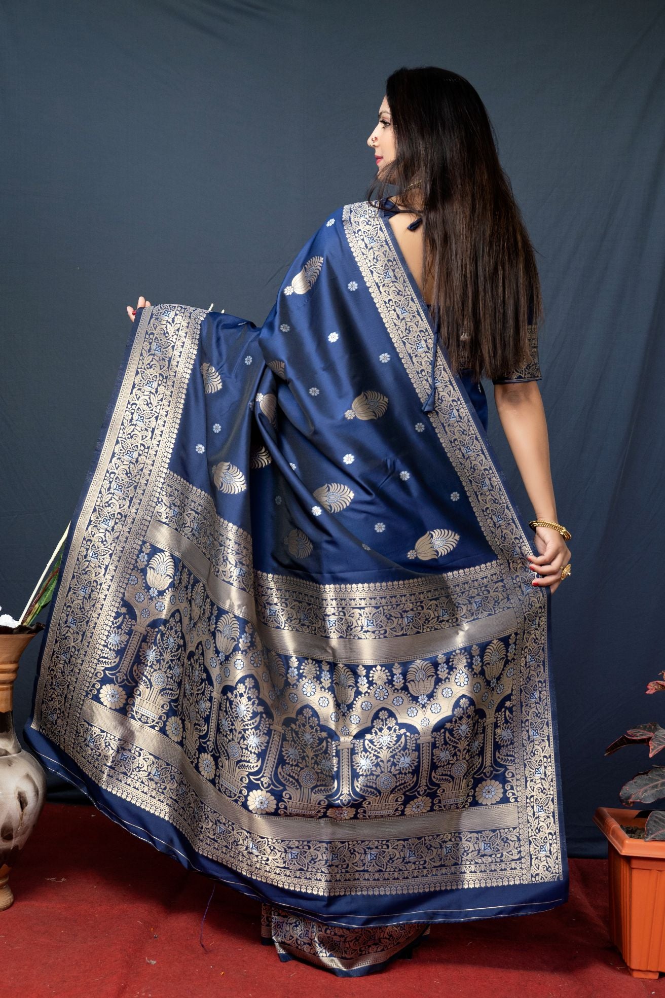 Navy blue color banarasi silk saree with designer silver and gold weaving work and blouse pis
