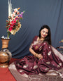 Maroon color banarasi silk saree with designer silver and gold weaving work and blouse pis