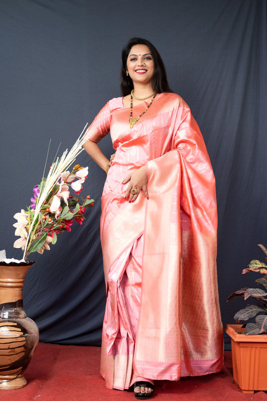 Peach Color Classy Banarasi Silk Saree With Lines Bollyood Vibes