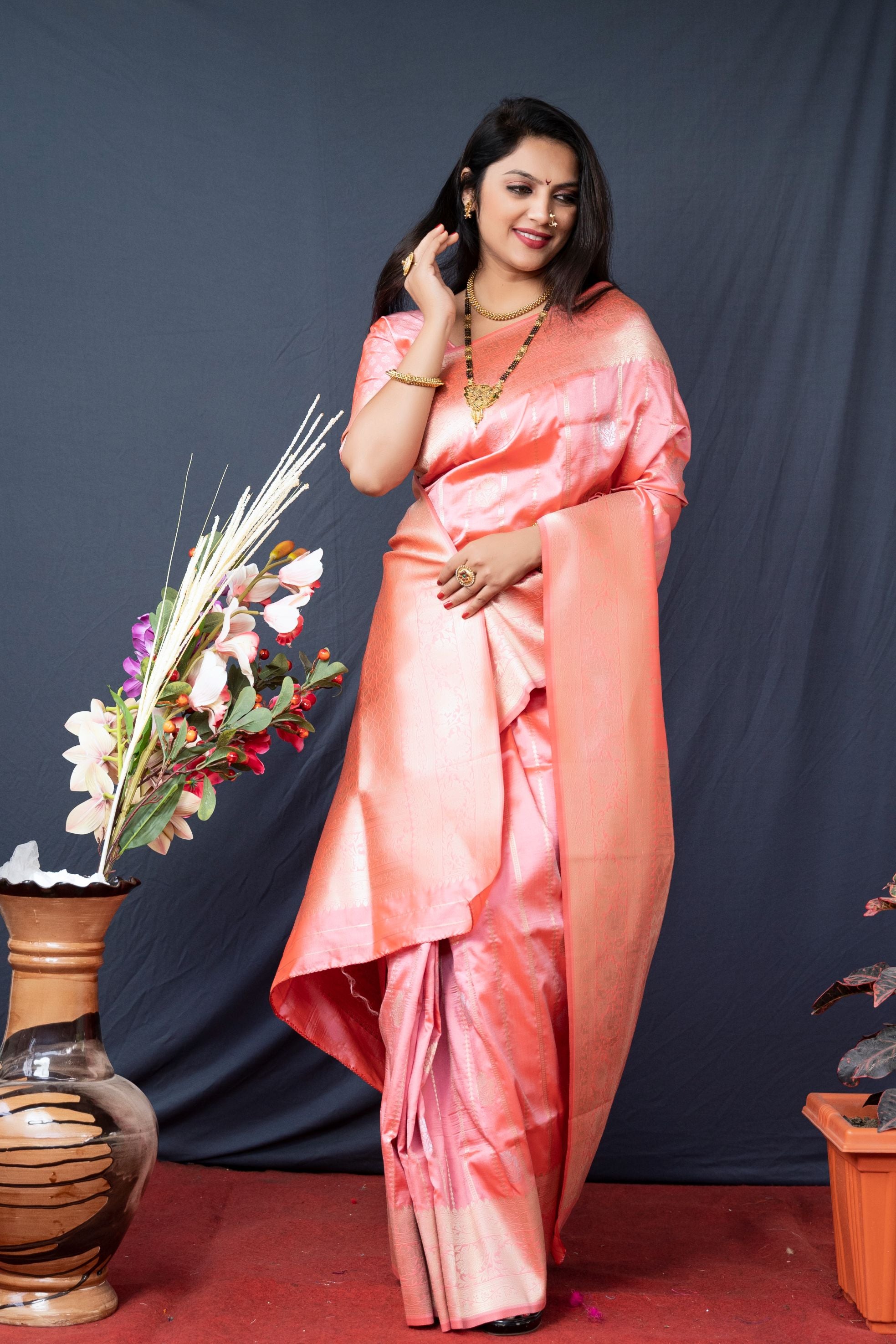 Peach color Classy banarasi silk saree With lines bollyood vibes