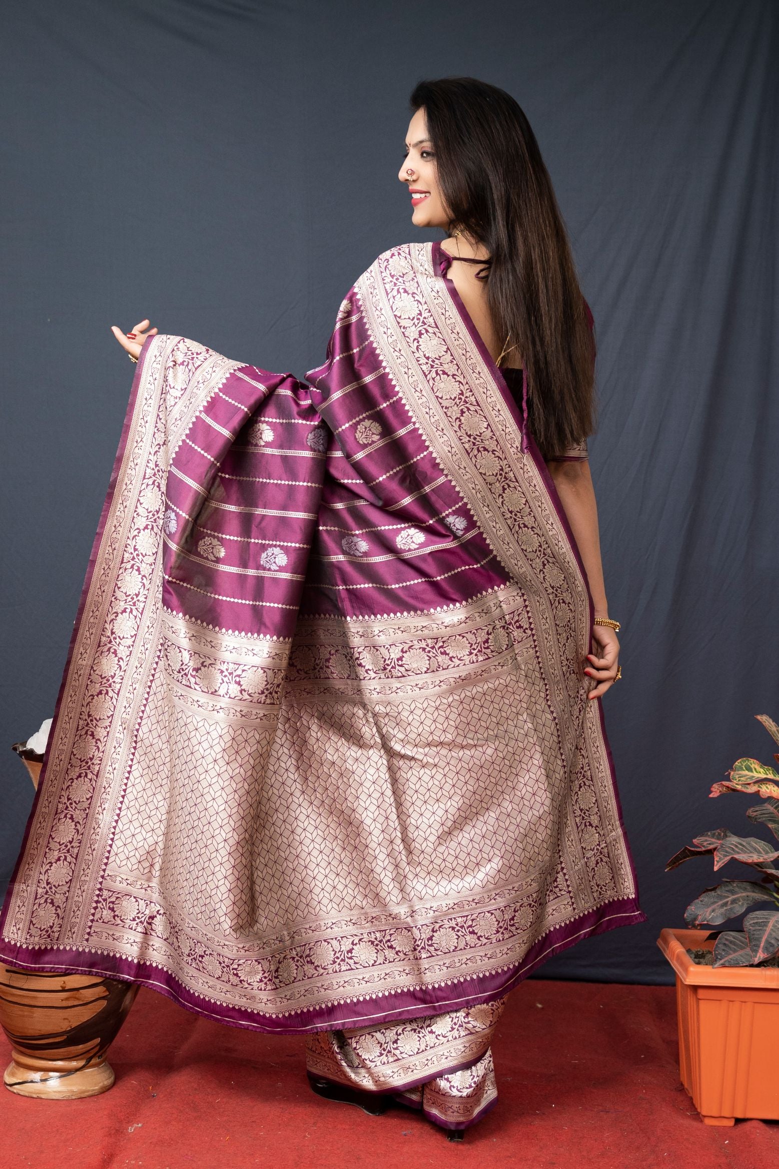 Wine color Classy banarasi silk saree With lines bollyood vibes